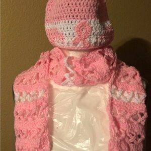Breast cancer awareness ribbon set.  Pink and White Crochet Hat and Scarf Set